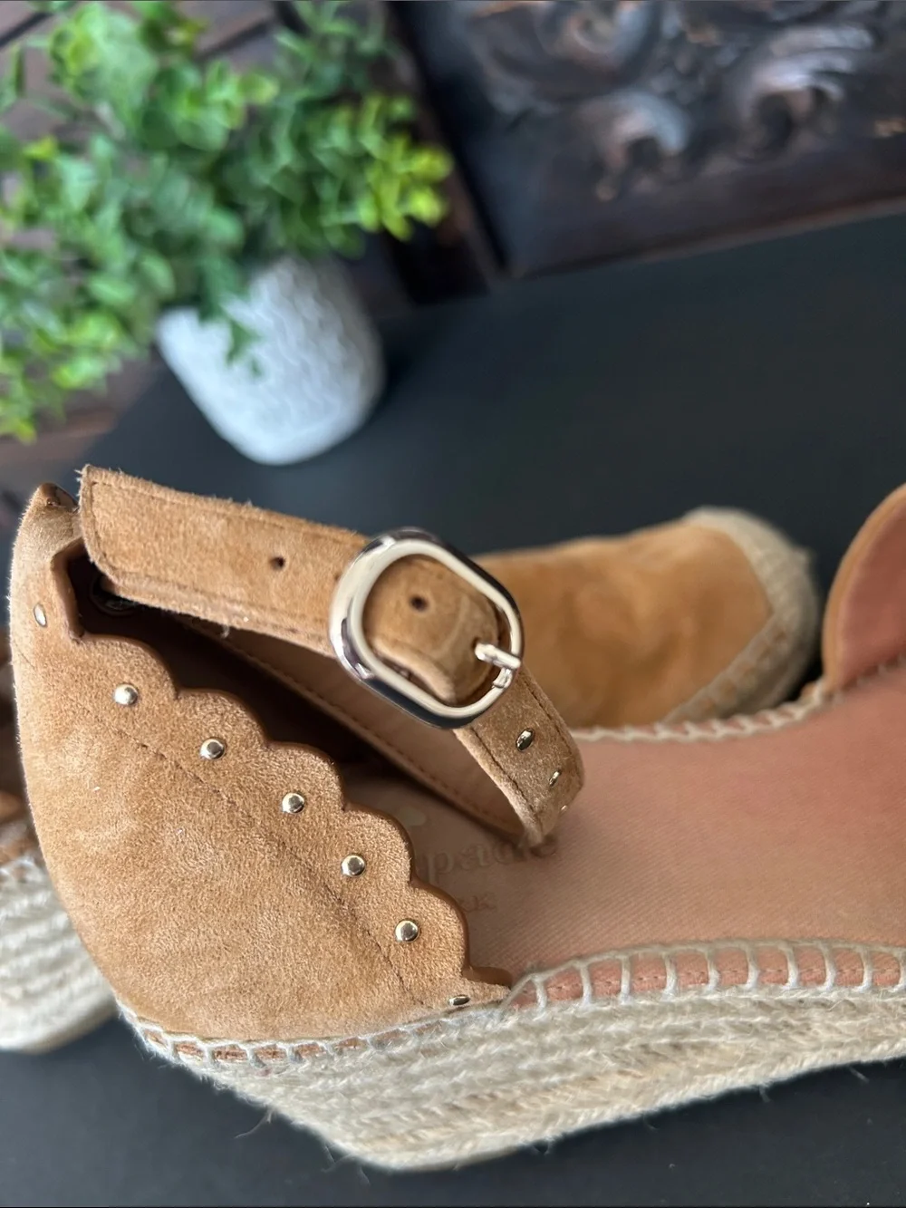 kate spade Tan Suede Espadrille Wedge Sandals with Ankle Strap